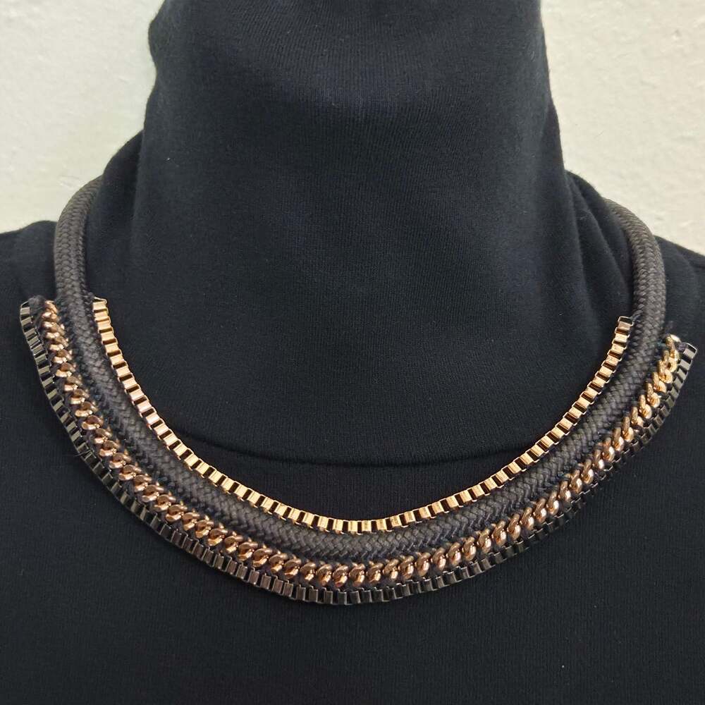 Chunky Black Braided Cord Collar Necklace with Metal Chain Zipper Accents - Picture 6 of 7